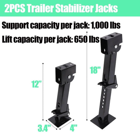 Two Pack Swing Down Trailer Stabilizer Jacks With Seven Inch Drop Leg And Eighteen Inch Adjustable Rod Handle For RV Camper And Travel Trailer Support With Included Mounting Screws No Fuss Install From Twelve To Eighteen Inches