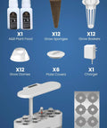 Components of 12 Pod Hydroponics Indoor Garden System With LED Grow Light, including grow sponges, baskets, domes, and charger
