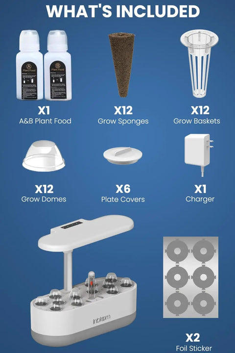 Components of 12 Pod Hydroponics Indoor Garden System With LED Grow Light, including grow sponges, baskets, domes, and charger