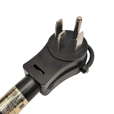 Close-up of Heavy Duty 50A RV Shore Power Cord Adapter 36 Foot 14-50P To SS2-50R Twist Lock Receptacle plug, nickel plated pins.
