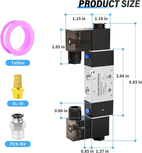 Dimensions and components of Beefy Dual Coil Pneumatic Solenoid Valve 2 Position 5 Way Pilot Operated 4V220-08 AC110V 1/4 NPT