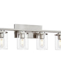 Brushed Nickel Vanity Light Fixtures For Modern Bathrooms With Clear Glass Shades Four Light E26 Standard Socket Sleek Minimalist Design