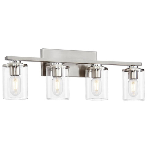 Brushed Nickel Vanity Light Fixtures For Modern Bathrooms With Clear Glass Shades Four Light E26 Standard Socket Sleek Minimalist Design