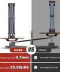 Comparison of pop up canopy shelters showing thicker 0.7mm tube wall and 30.58 lbs weight vs. 0.6mm and 22.05 lbs.
