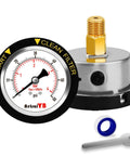 Front view of AetralYB 60 PSI pool filter pressure gauge with 2-inch dial and 1/4 in NPT back mount in stainless steel case.