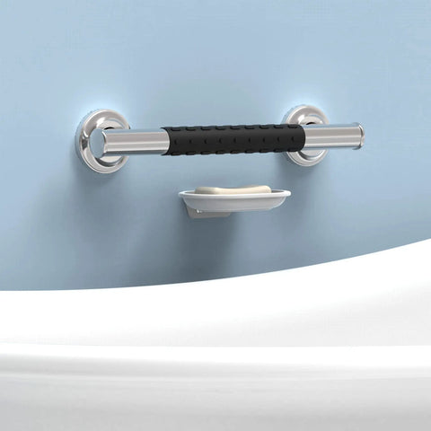 1-1/4 X 24 Inch Stainless Steel Bath Safety Grab Bar With No Slip Rubber Grip ADA Compliant 500 Lb Load Capacity Decorative Miami Collection Brushed Nickel Pack Of 2 mounted on bathroom wall