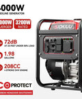 Display of Beefy 4000W Portable Inverter Generator For Camping RV Tailgating And Home Backup Power 208CC EPA Quiet Low CO Engine with control panel and specs.