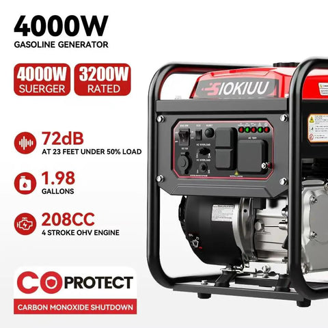 Display of Beefy 4000W Portable Inverter Generator For Camping RV Tailgating And Home Backup Power 208CC EPA Quiet Low CO Engine with control panel and specs.