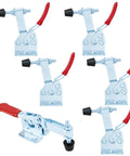 Six Pack Heavy Duty Horizontal Toggle Clamps With Quick Release Swivel And Cushioned Rubber Pads for secure woodworking and welding.