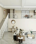 Heavy Duty White Stair Railing Posts And Spindles, 25 Pack Of 47 Inch Stainless Steel Balusters With Adjustable Brackets, Built Solid For Deck And Indoor Stairs, Gotta Love The Easy Setup, Top Tier Home Upgrade in modern living room with stairs.