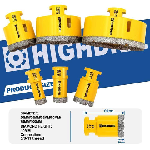 HIGHDRIL diamond core drill bits set, 6 pcs (20/25/35/50/75/100 mm), yellow vacuum-brazed hole saws
