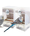 Two Piece No Mess Automatic Bird Feeder For Pet Cages No Sweat Seed Dispenser with two budgies using the transparent seed dispensers.