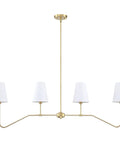 Four Light Gold Linear Kitchen Island Pendant Fixture with Brushed Bronze Accents and White Linen Shades, Modern Chandelier