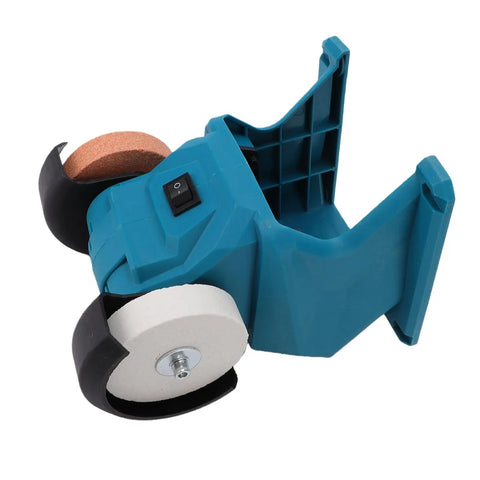 Heavy Duty Cordless Mini Bench Grinder With A Rock Solid 5500 Rpm Motor showing blue body, white grinding disc and power switch.