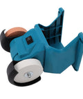 Slick Mini Bench Grinder With Dual Wheels Cordless Design Accepts 18V Batteries For Sharpening Deburring And Polishing Jobs close-up of the grinder showing dual wheels.