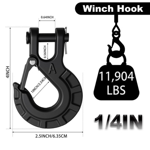 Beefed Up Forged Alloy Steel Clevis Slip Hook With Safety Latch For Heavy Duty Winch And Tow Chains One Quarter Inch 11900 Pound Load Capacity Matte Black Finish Ideal For Truck Trailer Ropes And Cables dimensions diagram showing "4 inch" and "2.5 inch/6.35cm".
