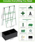 Adjustable A Shape Garden Trellis With Grow Bags For Climbing Vegetables And Flowers Metal Plant Support With Garden Netting Breathable Grow Bag Kit For Indoor And Outdoor Use Ready To Use Rustproof Ties Included All In One Growing System showing components and dimensions