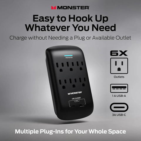Beefy 6 Outlet Surge Protector Wall Tap With USB A And USB C Ports, 1,200 Joules Of Safe Power, Fireproof MOV in black.