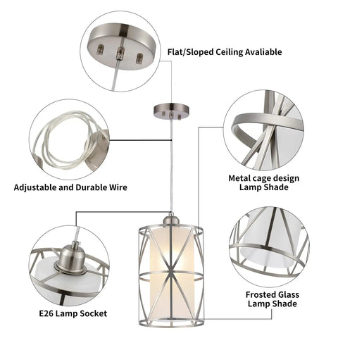 Diagram details Modern Cylindrical Pendant Light With Frosted Glass Shade In Brushed Nickel For Kitchen Island Lighting Hanging Over Island Foyer And Dining Room Soft Warm Glow And Sleek Contemporary Vibe Easy Install with adjustable wire and metal cage design.