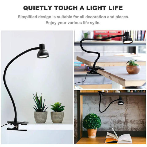 Clip On LED Desk Lamp With 360 Degree Flexible Gooseneck Eye Caring Night Light USB Powered Dimmer in various settings.