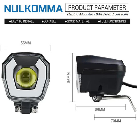 Front LED Headlight for Electric Bikes With Built In Horn 3 Pin Waterproof Connector Compatible With 36V 48V 52V 60V Night Riding Bright Bicycle Horn Light