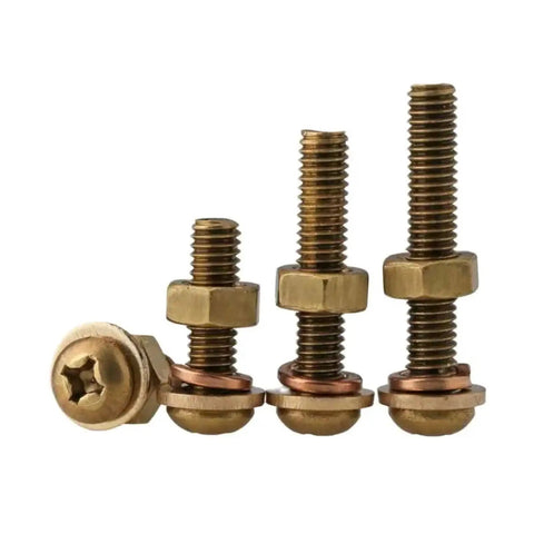 Premium Brass Screw Nut Kit Featuring Pan Head Phillips Fasteners With Washers For Metalworking Projects In M3 To M6 Sizes with various bolt sizes.