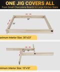 Slick Adjustable Juice Groove Router Jig For Cutting Boards Up To 30 X 23 Inches showing maximum and minimum sizes for versatile use.
