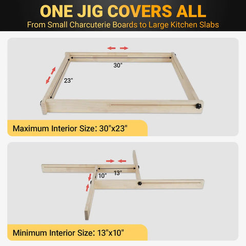 Slick Adjustable Juice Groove Router Jig For Cutting Boards Up To 30 X 23 Inches showing maximum and minimum sizes for versatile use.