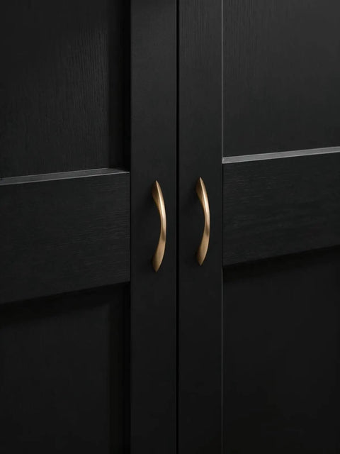 Black cabinet with Champagne Bronze 3 Inch Arch Twisted Brass Cabinet Pulls 5 Pack Heavy Duty Zinc Alloy Drawer Handles