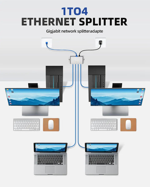 4 Port Gigabit Ethernet Splitter Powered Network Switch with Wall Mount Ears for Home Office PS5 Router and Smart TV setup