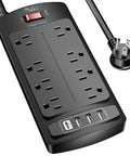 Rock Solid Flat Plug Surge Protector Power Strip with eight AC outlets and four USB ports, 6 foot heavy duty extension cord.