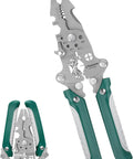 Kick Ass Heavy Duty Foldable Wire Stripping Pliers With Precision Electrical Crimping And Sharp Cutting Blades, featuring green ergonomic handles.