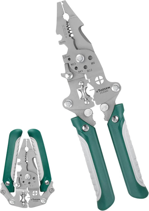 Kick Ass Heavy Duty Foldable Wire Stripping Pliers With Precision Electrical Crimping And Sharp Cutting Blades, featuring green ergonomic handles.