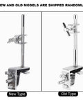 New and old models of Adjustable Drum Cowbell Mount Holder Clamp for quick up or down positioning, silver finish shown