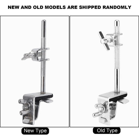 New and old models of Adjustable Drum Cowbell Mount Holder Clamp for quick up or down positioning, silver finish shown