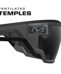 Close-up of Vision Type X Safety Glasses With Advanced Anti Fog And Scratch Resistant Lenses Lightweight Black Frame Protective Eyewear With Ventilated Temples For Outdoor Use And Smoke Lens ANSI Z87.1 Approved, focusing on the ventilated temples.