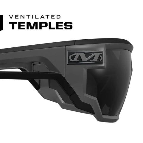 Close-up of Vision Type X Safety Glasses With Advanced Anti Fog And Scratch Resistant Lenses Lightweight Black Frame Protective Eyewear With Ventilated Temples For Outdoor Use And Smoke Lens ANSI Z87.1 Approved, focusing on the ventilated temples.