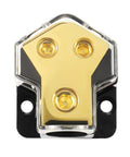 Two Way Car Audio Power Distribution Block Beefy Copper Brass Gold Plated Amp Splitter For 0 2 4 AWG In And 4 8 AWG Out Ideal For Cars Boats RVs ATVs Wiring Upgrade front view