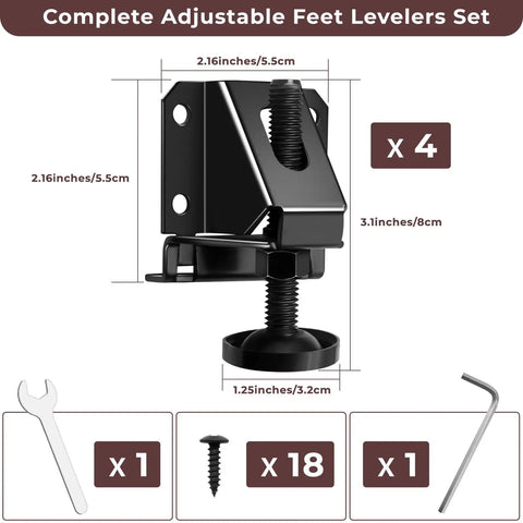 Heavy Duty Adjustable Leveling Feet Kit Four Pack With Wrenches And Screws For Tables Benches And Cabinets 0 To 2 Inch Height Adjustment Supports Up To 1400 Lbs Sturdy As Heck Black