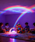 Children playing in a room with Rainbow LED Lights USB Powered Projector Night Light creating magic rainbow on walls and ceiling