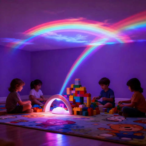 Children playing in a room with Rainbow LED Lights USB Powered Projector Night Light creating magic rainbow on walls and ceiling