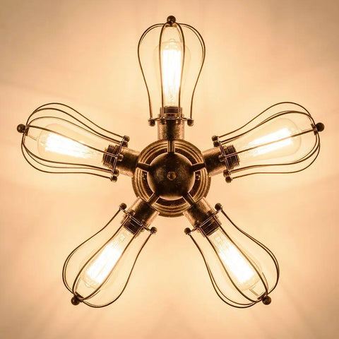 Vintage Industrial 5-Light Bronze Ceiling Light Semi-Flush Mount, metal fixture, installed view with warm glow, bulbs not included.