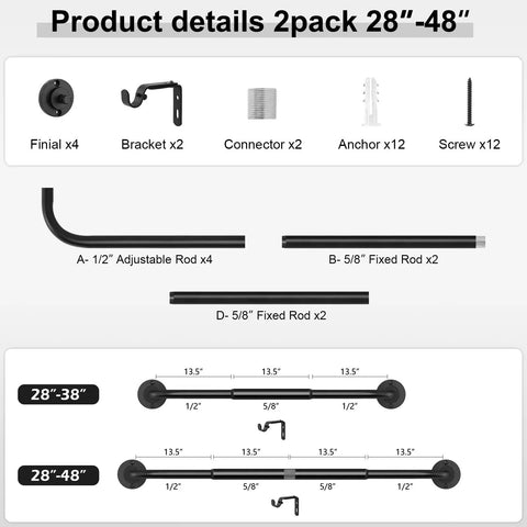 Two Pack Curtain Rods For Windows 28 To 48 Inch Five Eighth Inch Matte Black Adjustable Wrap Around Curtain Rods For Blackout And Room Darkening In A Curved Design, showing components like finials, brackets, and rods.