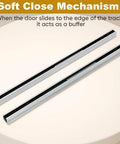Close-up of soft close mechanism for Hidden Barn Door Hardware Kit With 48 Inch Track System Heavy Duty Quiet Roll Interior Door Track Kit Fits One And A Quarter Inch To One And Three Quarter Inch Thick Doors And Supports Up To 176 Pounds. Silver tracks on table.