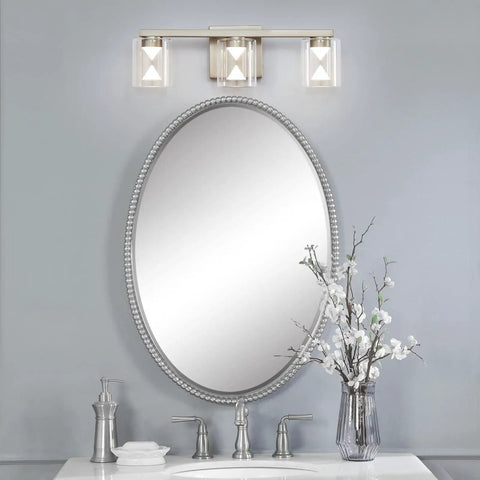 Dimmable 3 Light Bathroom Vanity Light Over Mirror in sleek brushed nickel with adjustable LED fixtures and HD glass shades