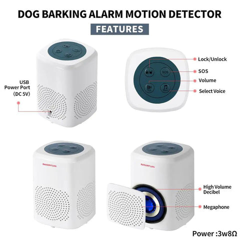 Dog Barking Alarm Motion Activated Detector Outdoor PIR Sensor Kit With 3 Detectors And 1 Receiver Realistic Bark Sounds Beefed Up Loud Adjustable Volume Home Security System For Yard Porch, white receiver