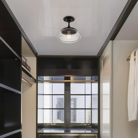 Summit 12 Inch Modern Industrial Farmhouse Semi Flush Mount Ceiling Light With Schoolhouse Glass Shade In Matte Black Finish in hallway