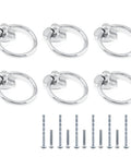 Six Pack Modern Style Ring Pull Handles In Chrome Finish Made From Zinc Alloy With Durable Rust Resistant Coating, includes screws