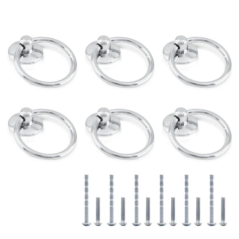 Six Pack Modern Style Ring Pull Handles In Chrome Finish Made From Zinc Alloy With Durable Rust Resistant Coating, includes screws