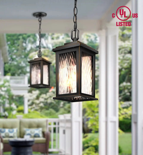 Outdoor Pendant Light Fixture for Porch and Front Door, Farmhouse Exterior Hanging Lantern with Adjustable Chain in garden setting
